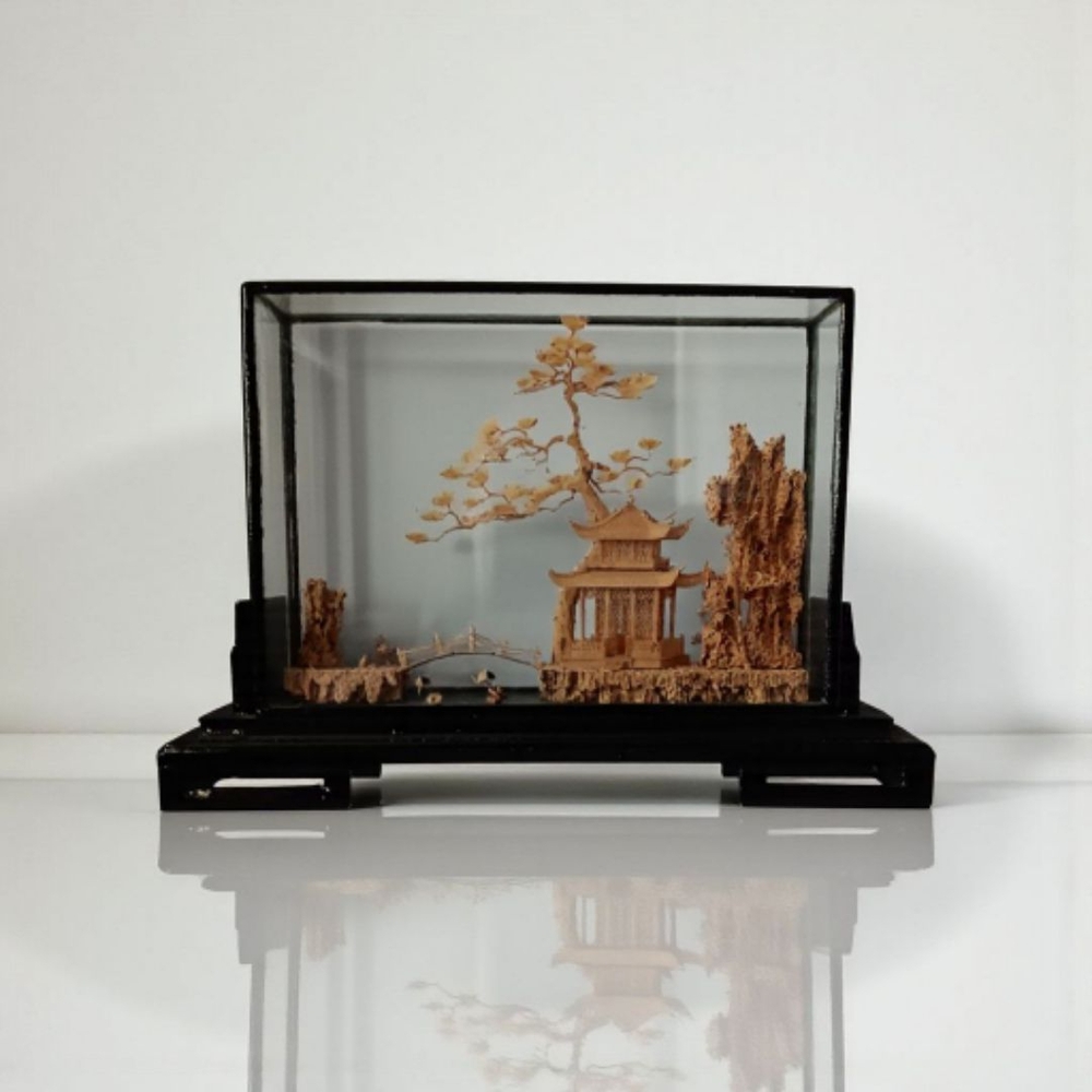 Vintage Hand Carved Cork Sculpture Diorama Glass Black Lacquer Temple Cranes